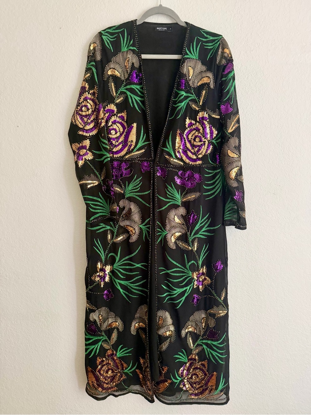 Nasty Gal Sequin Floral Long Black Robe Kimono with Green, Gold, &Purple Accents